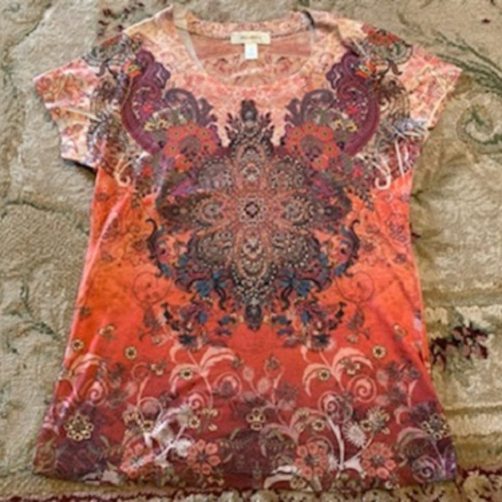 New DRESS BARN * Cap Sleeve ORANGE Rust SCROLL (like Indian Henna) Crystals * S